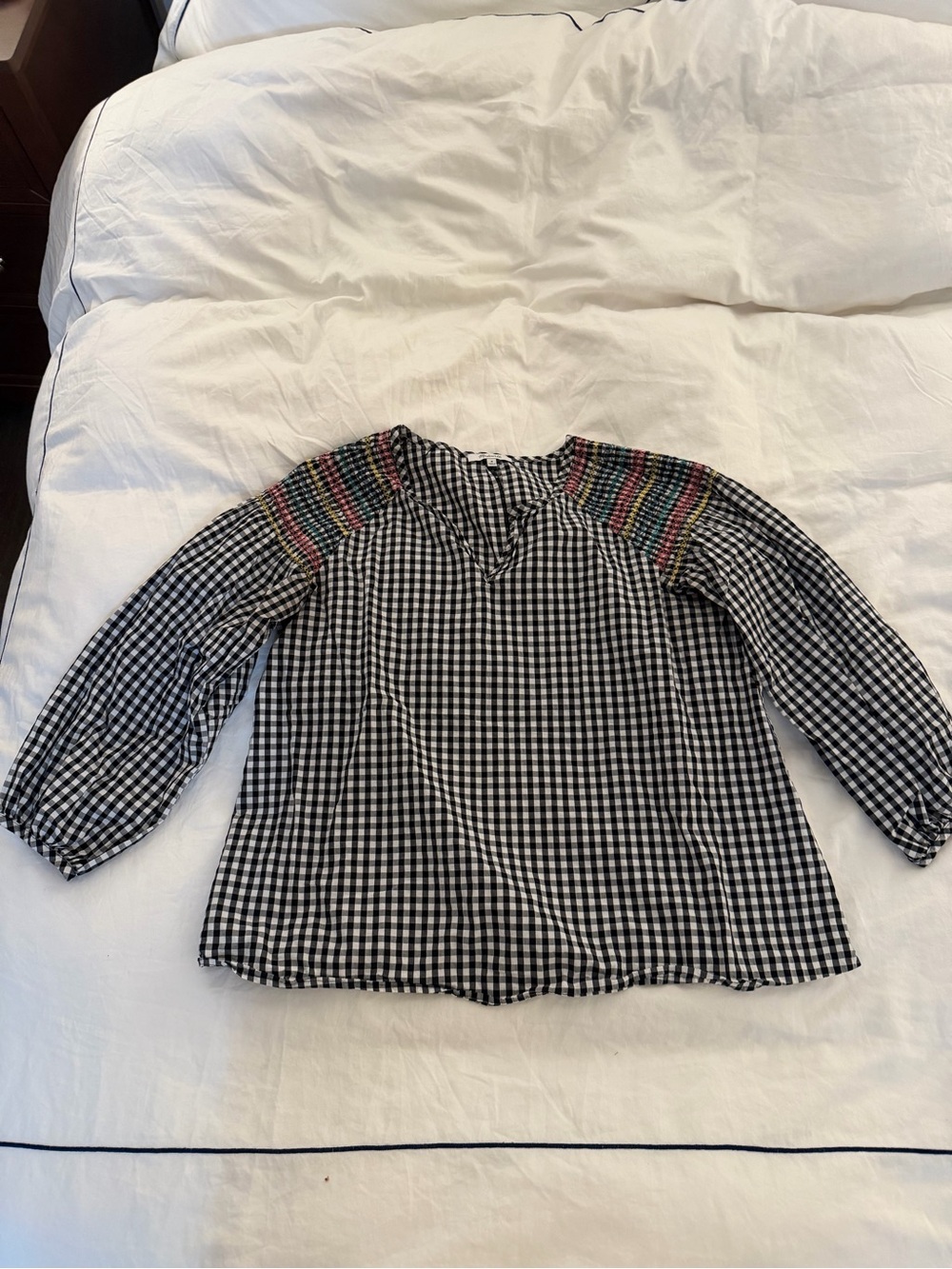 Madewell Black & White Gingham Top with Multicolor Smocked Shoulders